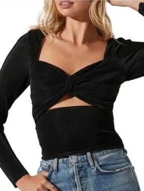 Astr The Label Plisse Twist Bust Ruche Tie Black Top XS